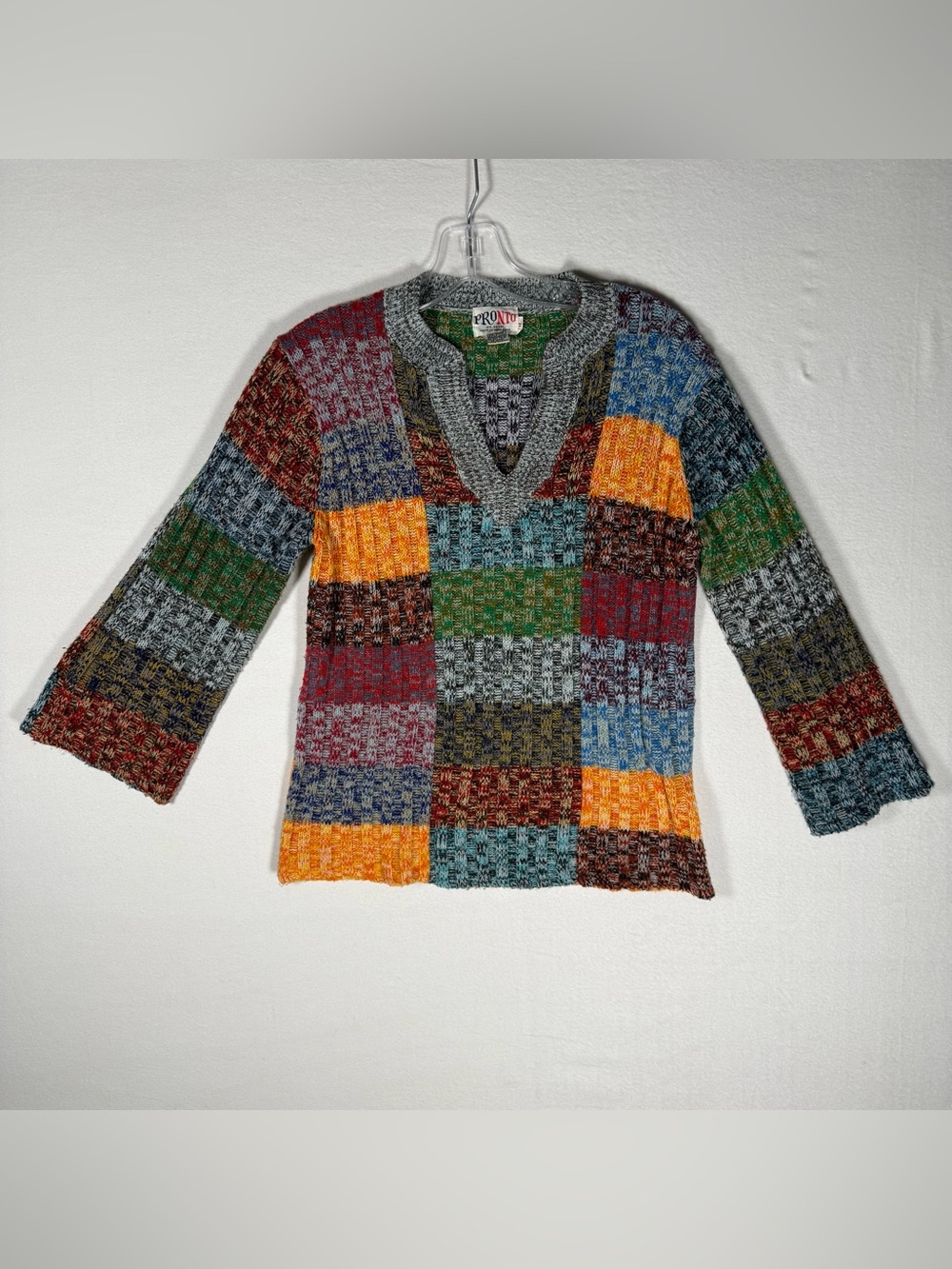 Vintage 90s Multicolor Patchwork wool blend Knit Sweater y2k colorblock Pronto
